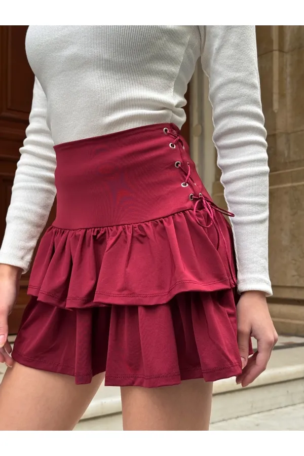 Kadın Bordo Kuş Gözlü Fır Fır Detaylı Mini Etek HZL25W-ZK11391