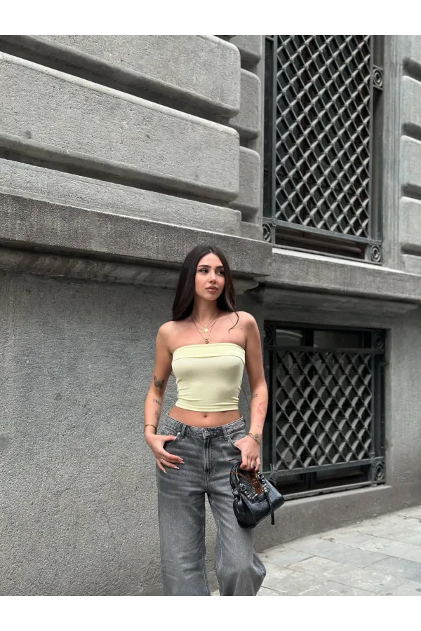 Kadın Sarı Katlamalı Straplez Bluz HZL24S-ZK11301