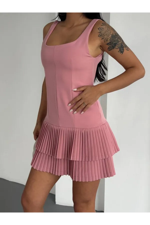 Kadın Pembe Pileli Şortlu Mini Elbise HZL25S-FRY122991