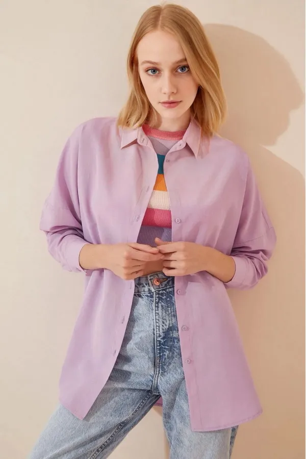 Kadın Açık Lila Oversize Uzun Basic Gömlek  HZL22W-BD139001