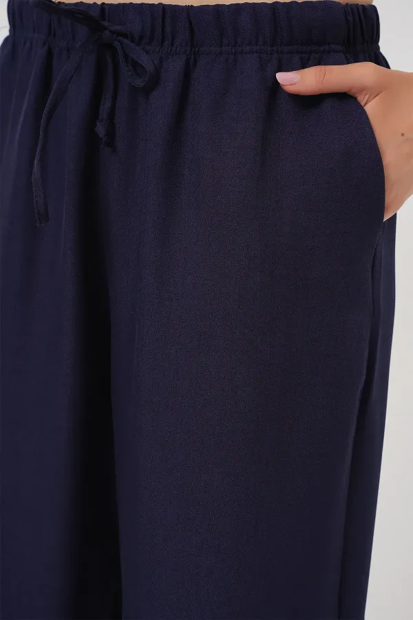 Pantalon large en lin pour femme 6735 - Bleu marine