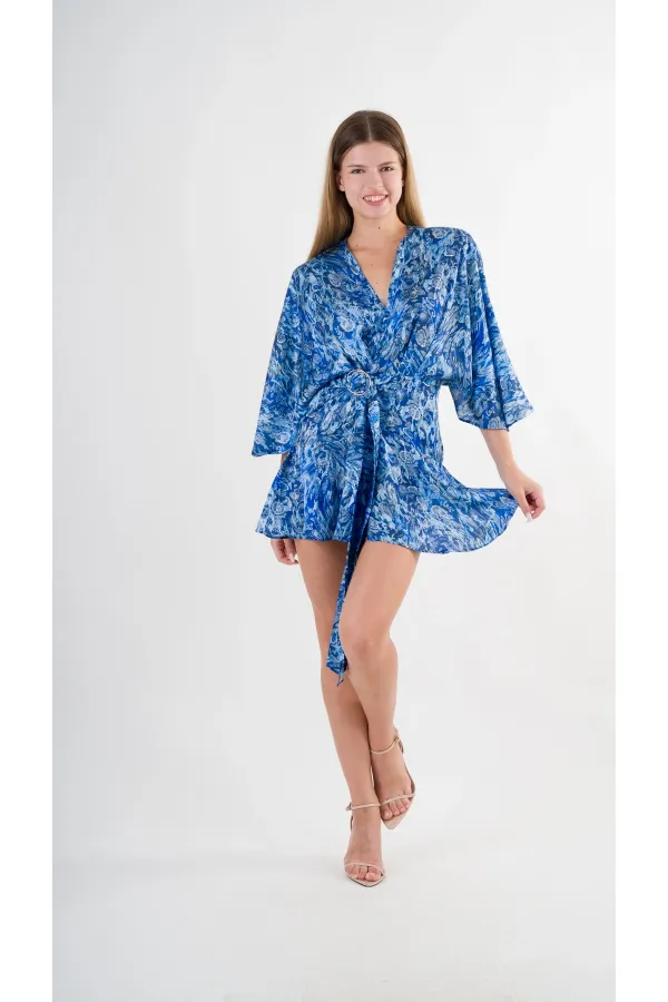 Kadın Mavi Desenli Saten Yüzeyli V Yaka Halka Detaylı Kuşaklı Mini Elbise HZL24S-YY230