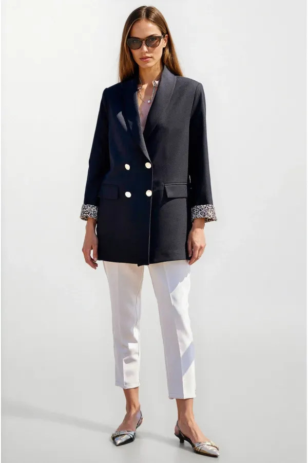 Blazer noir à boutons et doublure léopard pour femme HZL25W-BD107041