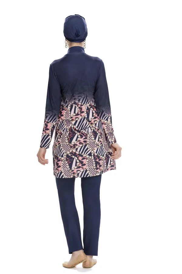 Kadın Lacivert Pembe Desenli Uzun Kollu Tesettür Mayo HZL25S-AR271/02