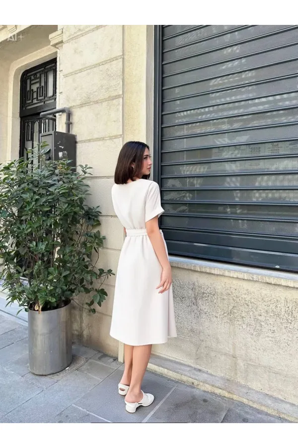 Kadın Krem Kemerli Düğmeli Yazlık Keten Viskon Elbise HZL23S-BD123891
