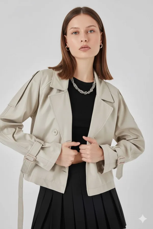 Trench-coat court beige à double boutonnage et ceinture pour femme, doublé HZL25W-BD159701