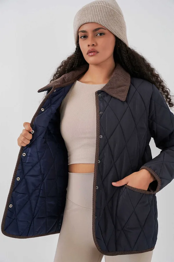 Manteau matelassé en velours bleu marine pour femme, avec fermeture à pression HZL25W-BD152261