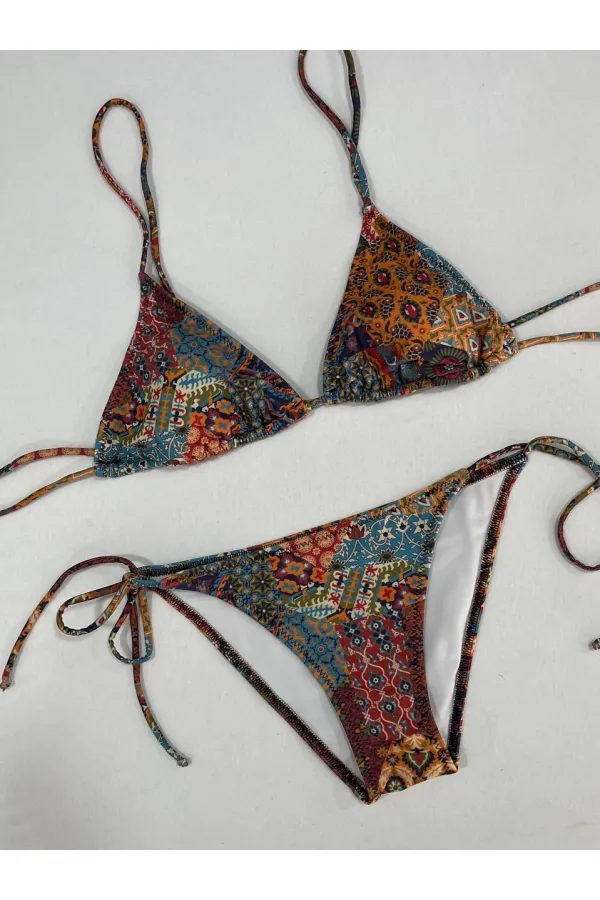 Ensemble bikini triangle dos nu à motif ethnique marron pour femme HZL25S-LC5005