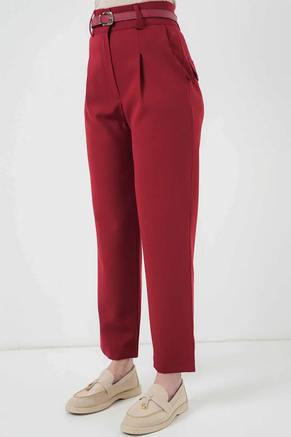 Kadın Bordo Yüksel Bel Kemerli Kumaş Pantolon HZL25S-BD167251