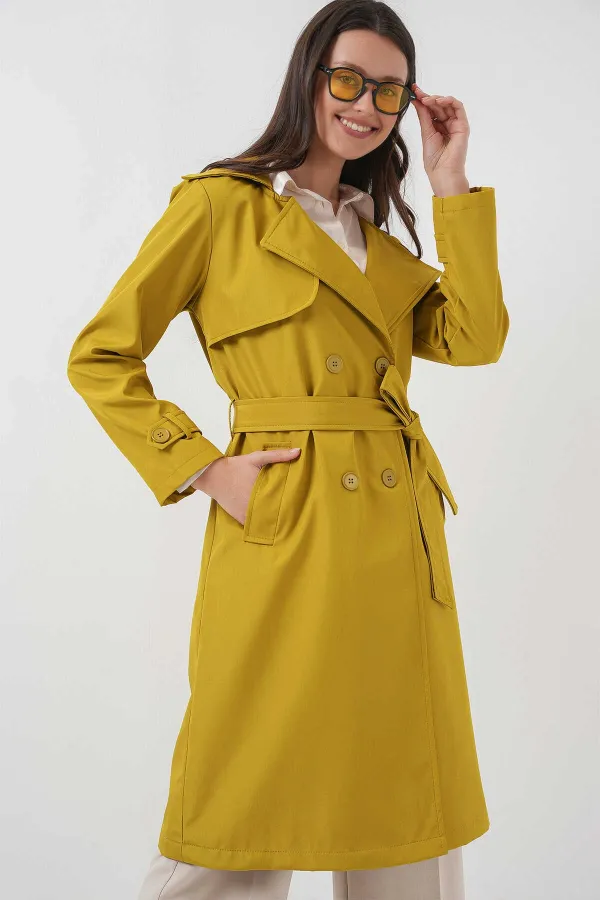 Trench-coat doublé à double boutonnage et ceinture pour femme, couleur moutarde, HZL25W-BD159181