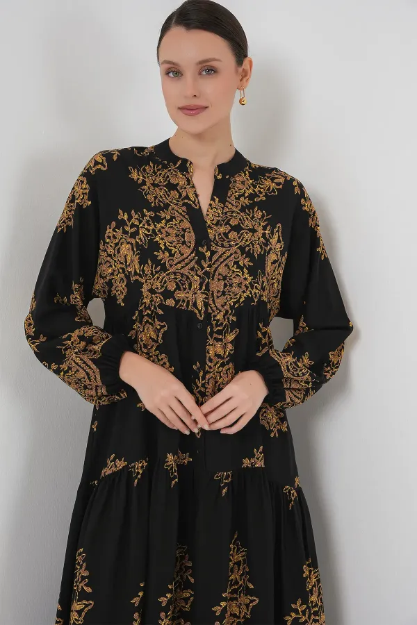 Black Gold Patterned Hijab Dress 2423