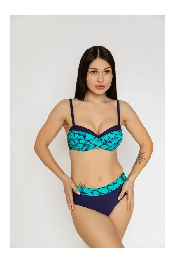 Women's Green Navy Blue Patterned Lined Bikini Set HZL25S-LC25143