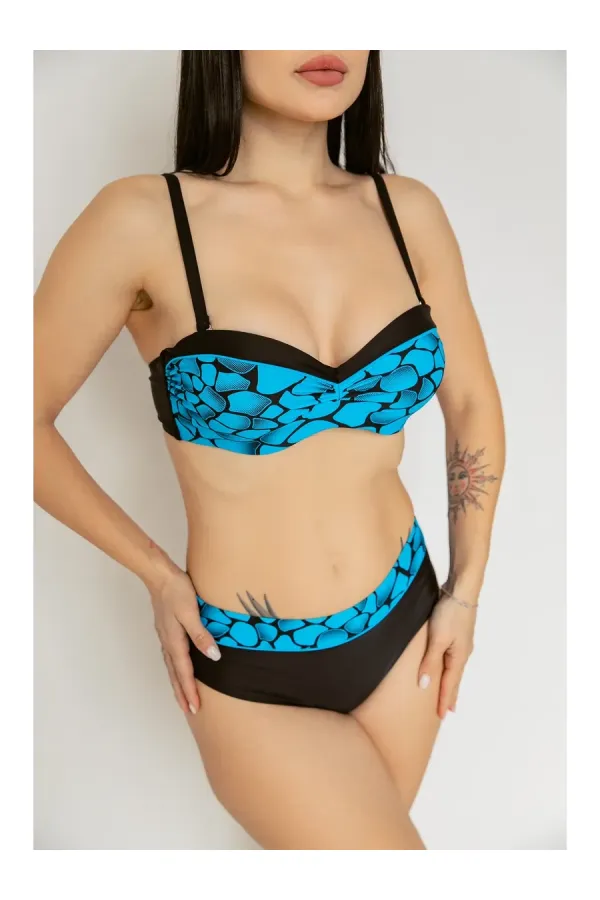 Women's Blue Black Patterned Lined Bikini Set HZL25S-LC25143