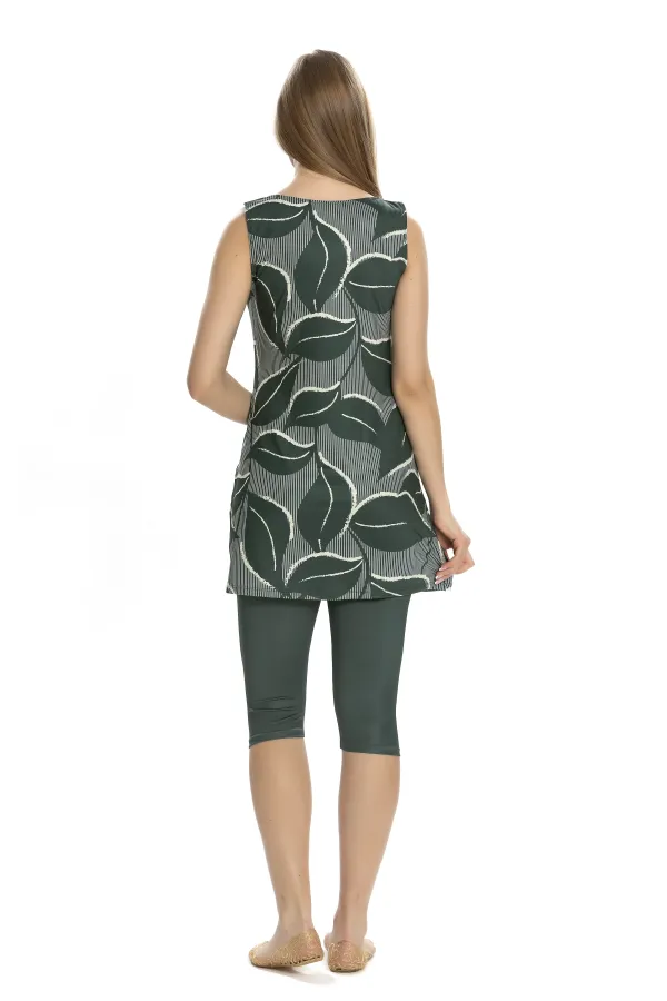 Maillot de bain semi-couvrant sans manches à motif feuilles kaki pour femme HZL25S-AR152/505