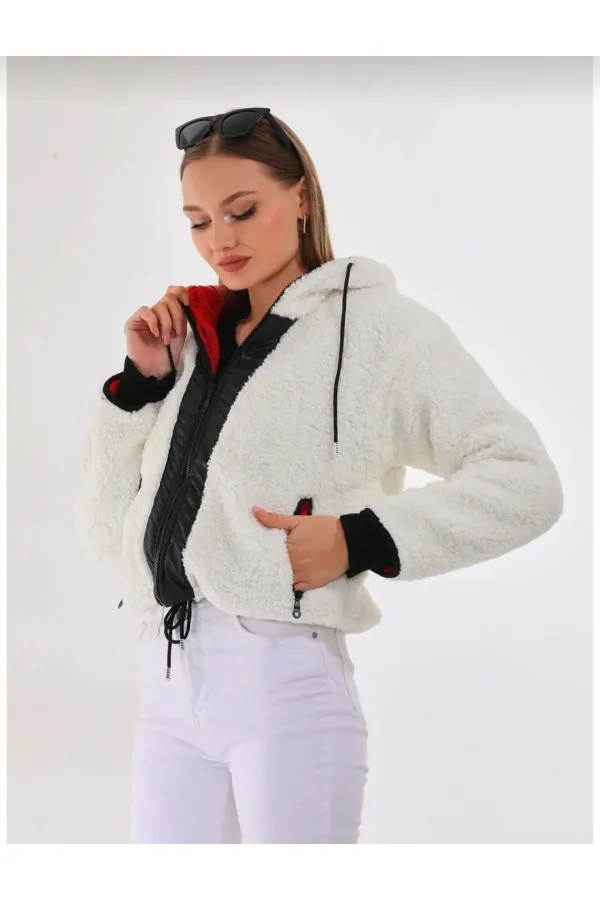 Kadın Beyaz Çift Cepli Fermuarlı İçi Saten Astarlı Rahat Suni Kürklü Peluş Mont HZL24W-BD129391