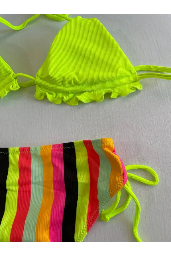 Women's Neon Yellow Patterned Halter Neck Bikini Set HZL25S-LC3350