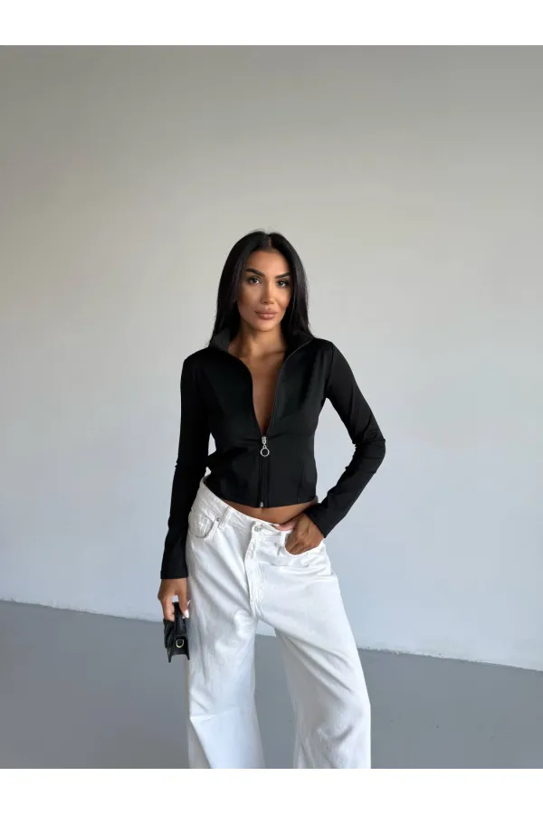 Women's Black Diving Fabric Zippered Finger-Tight Sweatshirt HZL25W-FRY123441