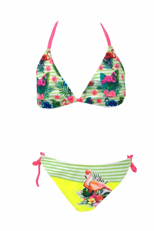 Ensemble bikini triangle vert à motif flamant rose pour filles (6-14 ans) HZL26S-LC9018