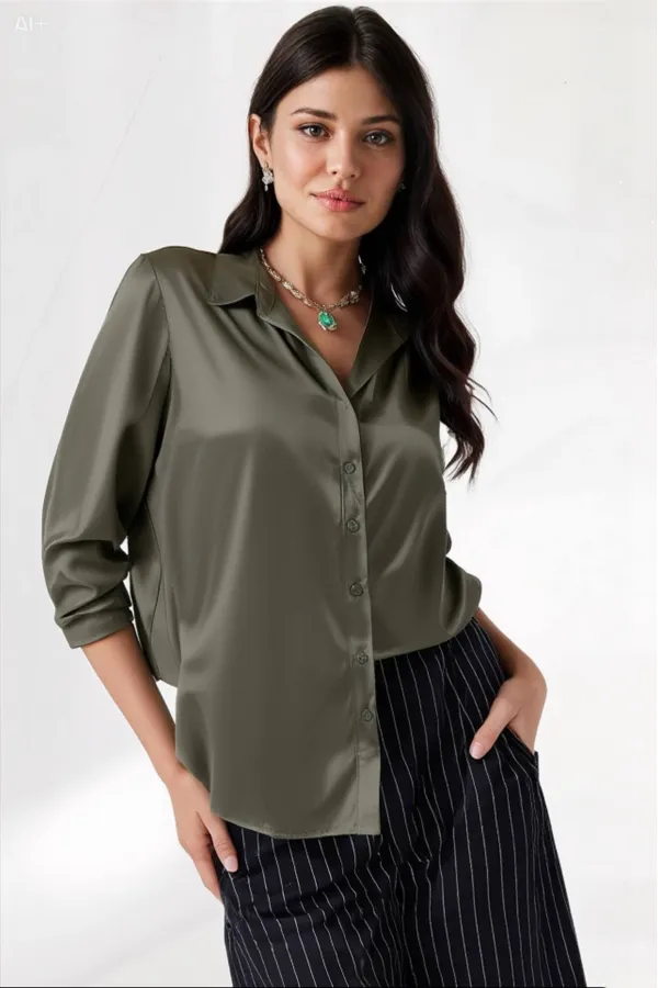 Kadın Haki Hafif Dökümlü Saten Yüzeyli Gömlek Hzl22w-bd139641