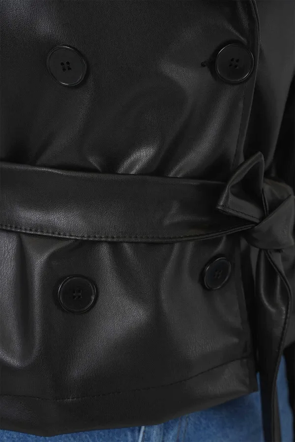 Veste en similicuir doublée noire avec ceinture pour femme HZL25W-BD110461