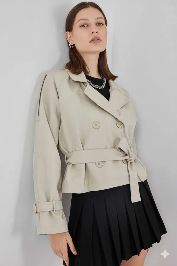 Trench-coat court beige à double boutonnage et ceinture pour femme, doublé HZL25W-BD159701