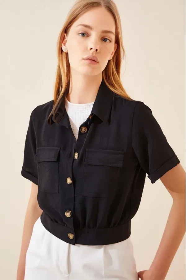 Women's Black Pocket Buttoned Short Sleeve Summer Crop Shirt Jacket HZL22S-BD106631