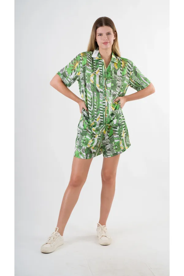 Kadın Yeşil Desenli Şort Gömlek Alt Üst Takım  HZL24S-YY226