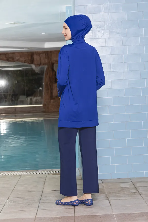 Women's Hijab Saxe Blue Pocketed Long Sleeve Fully Covered Tights Lycra Dress Swimsuit HZL24S-AR1254-11