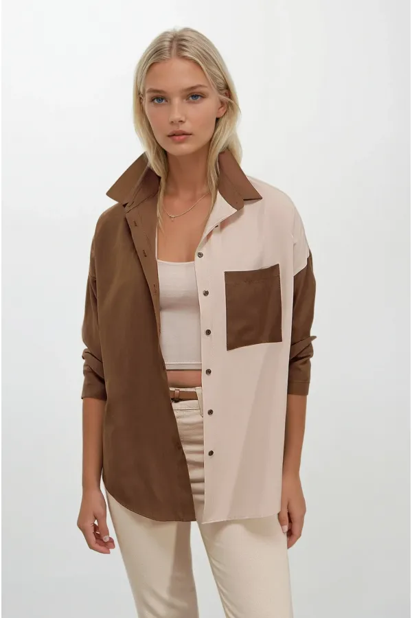 Kadın Kahverengi Krem Renk Bloklu  Poplin Basic Gömlek HZL22S-BD1201161