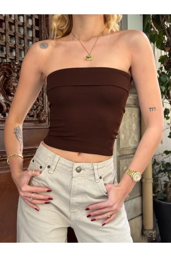 Kadın Kahverengi Katlamalı Straplez Bluz HZL24S-ZK11301