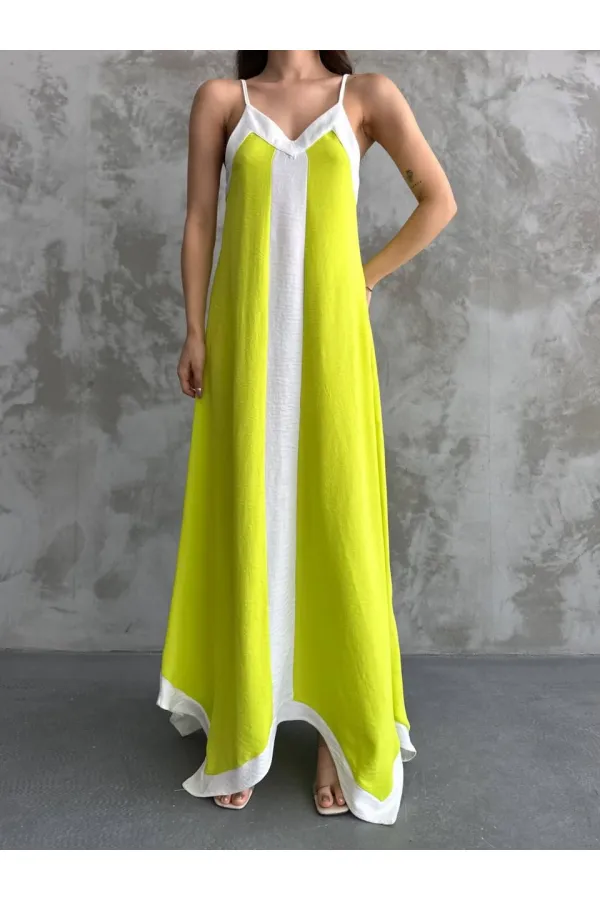 Kadın Fıstık Yeşili Beyaz Detaylı Asimetrik Kesim V Yaka İp Askılı Elbise HZL24S-MJ113041