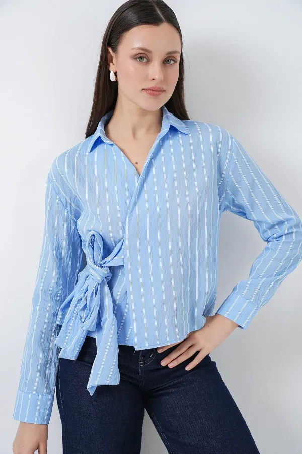 Women's Front Tie Striped Shirt 20362 - Blue