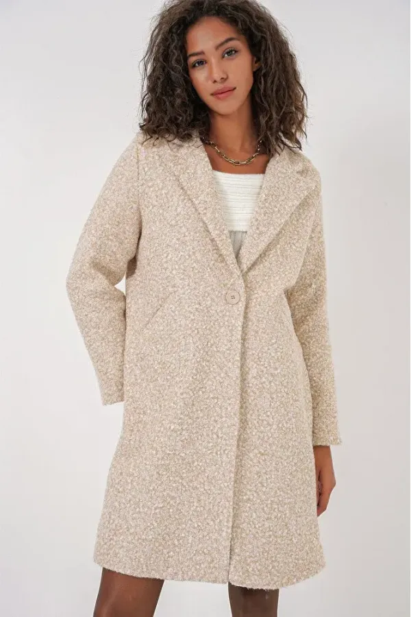 Manteau en cachemire bouclé doublé crème chiné pour femme, à un bouton et double poche HZL22W-BD190821