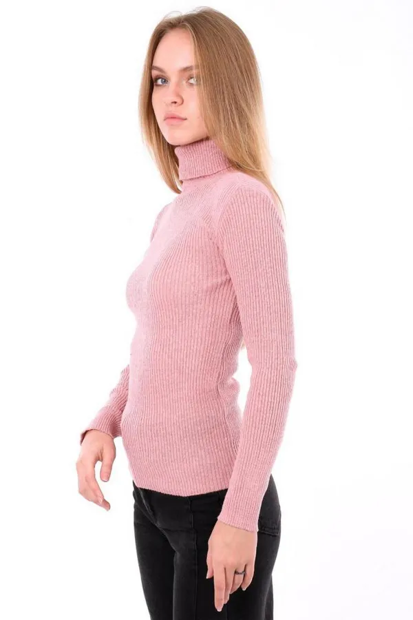 Pull côtelé rose à col roulé pour femme HZL22W-H100011