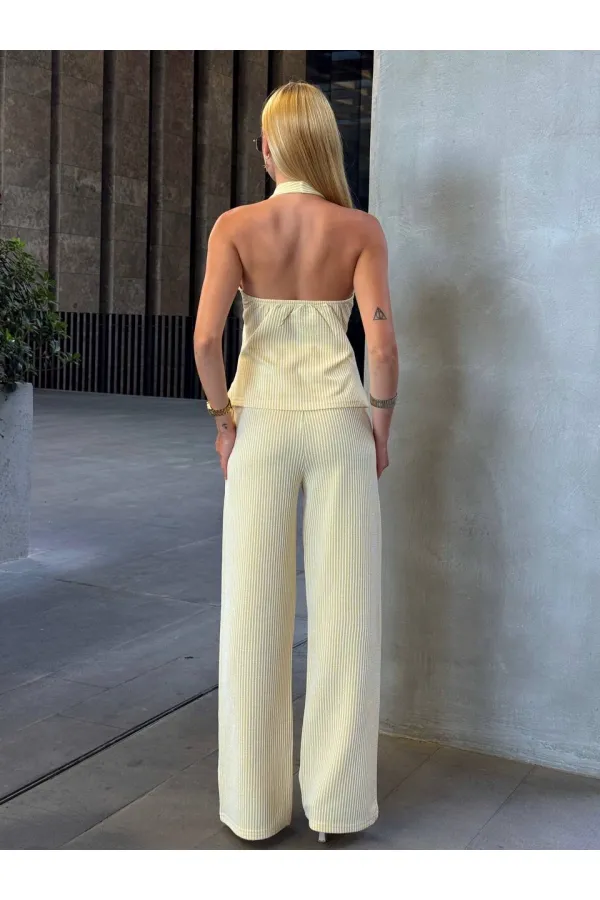 Kadın Sarı Çizgili Önü Fermuarlı Bluz Pantolon İkili Takım HZL25S-ZK13691