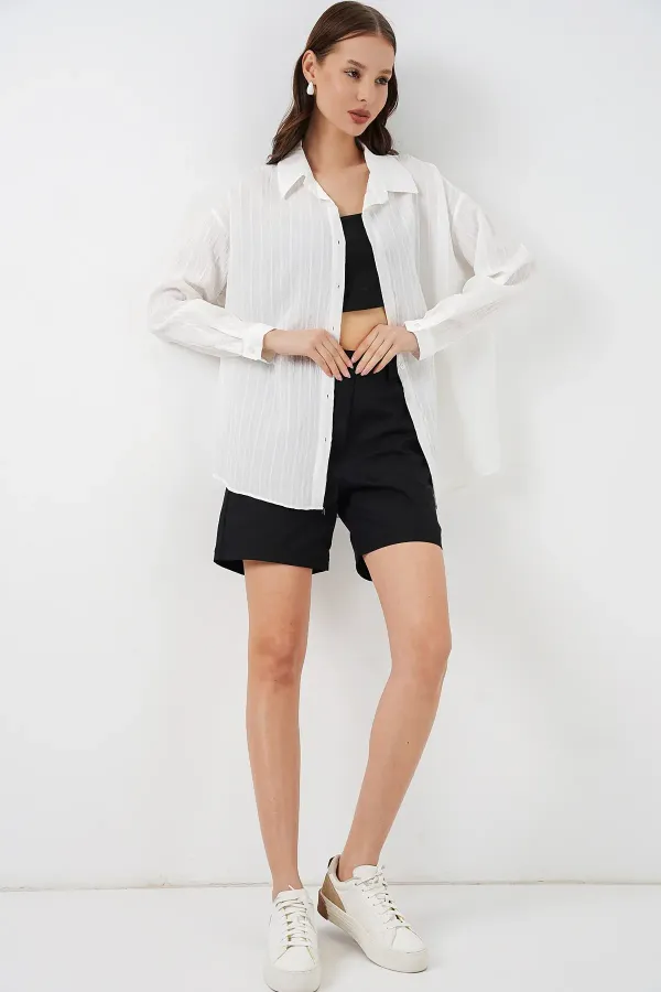 Kadın Çizgili Oversize Gömlek 20293 - Beyaz