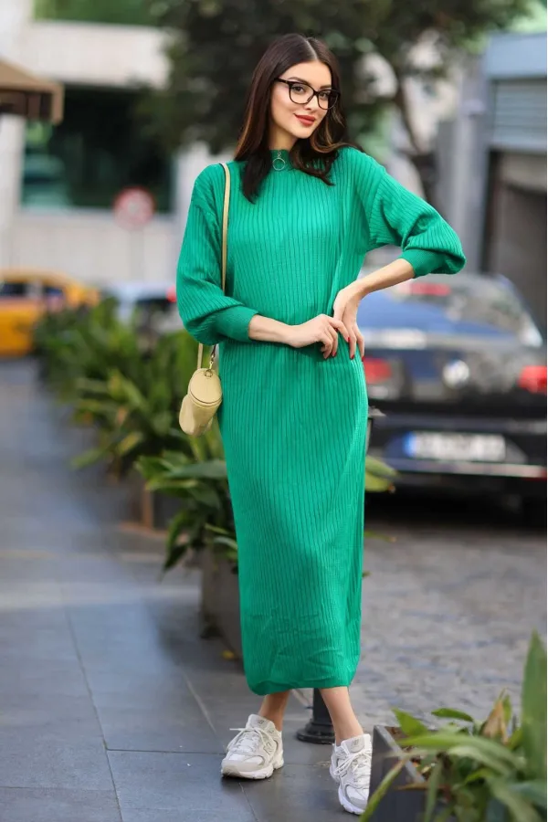 Robe longue en maille côtelée verte à col zippé pour femme HZL24W-BD1102271