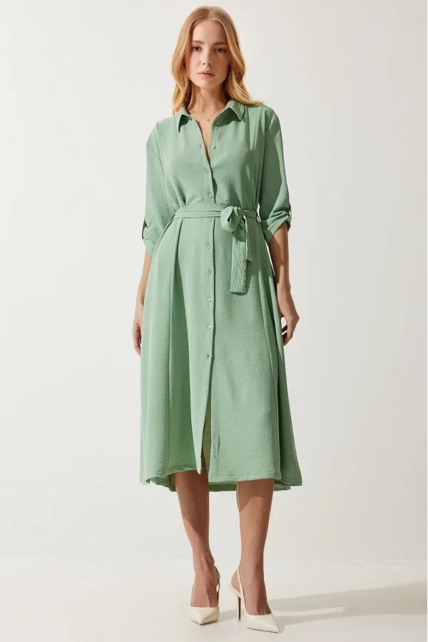Kadın Çağla Yeşil Gizli Cepli Kuşaklı Viskon Gömlek Elbise HZL24S-BD124421