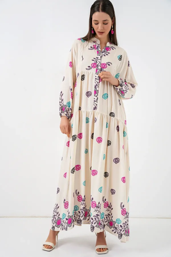 Kadın Desenli Uzun Tesettür Elbise 2585 - C. Fuşya