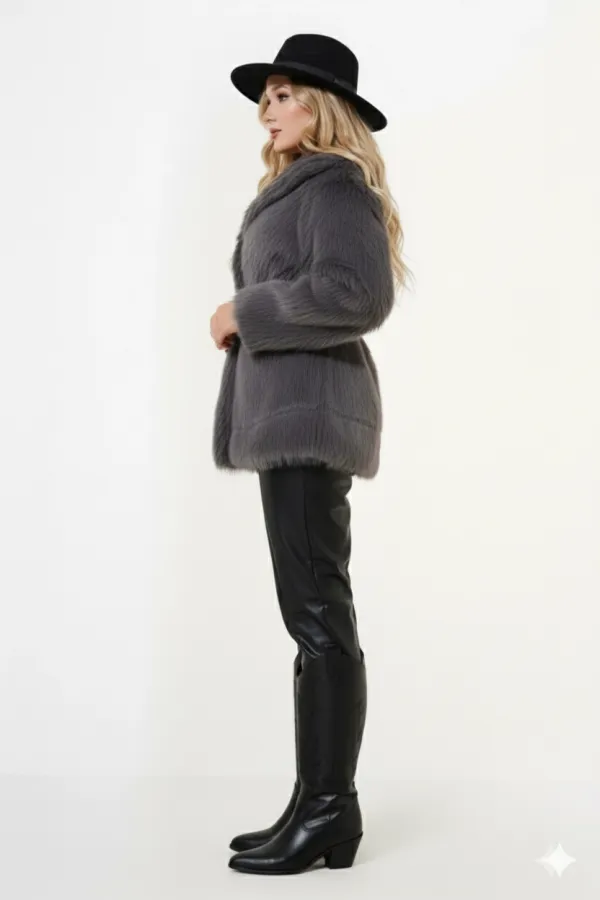 Manteau en fourrure pelucheux gris pour femme, doublé et détaillé, avec ceinture HZL25W-BD191561