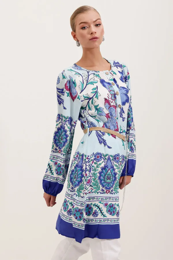 5902 Kemerli Desenli Elbise - Saks