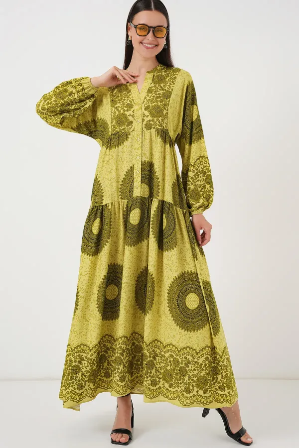 Robe hijab à motifs authentiques 2423 - Vert olive 2