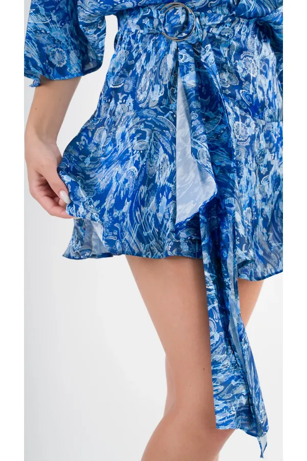 Kadın Mavi Desenli Saten Yüzeyli V Yaka Halka Detaylı Kuşaklı Mini Elbise HZL24S-YY230