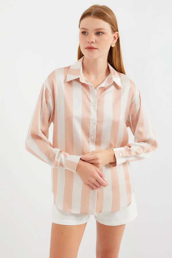 3964 Lightly Draped Striped Satin Shirt - Biscuit