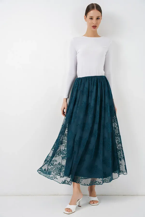 Jupe longue en tulle imprimé floqué pour femme 8070 - Pétrole