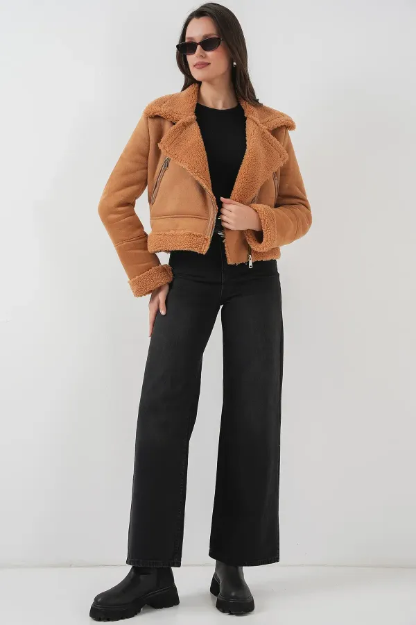 5155 Double-Breasted Faux Fur Leather Jacket - Dark Brown