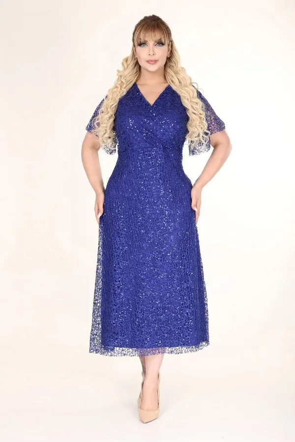 Kadın Saks Mavi Büyük Beden Kruvaze Yaka Payetli Abiye Elbise HZL26S-PR11171