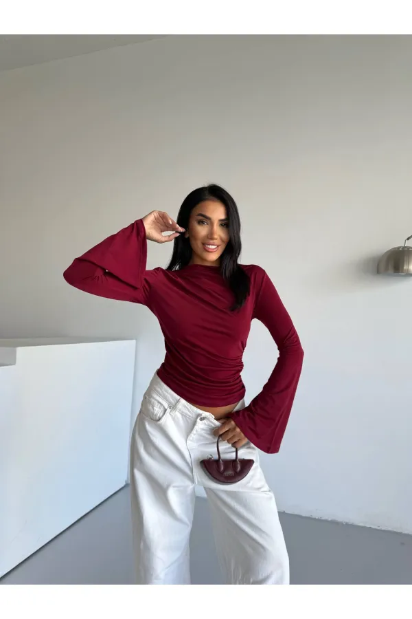 Kadın Bordo Drape Detaylı İspanyol Kol Sany Bluz HZL25W-FRY123431