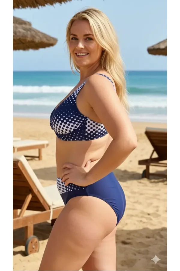 Ensemble bikini doublé grande taille à pois bleu marine et blancs pour femme HZL26S-LC21202-6