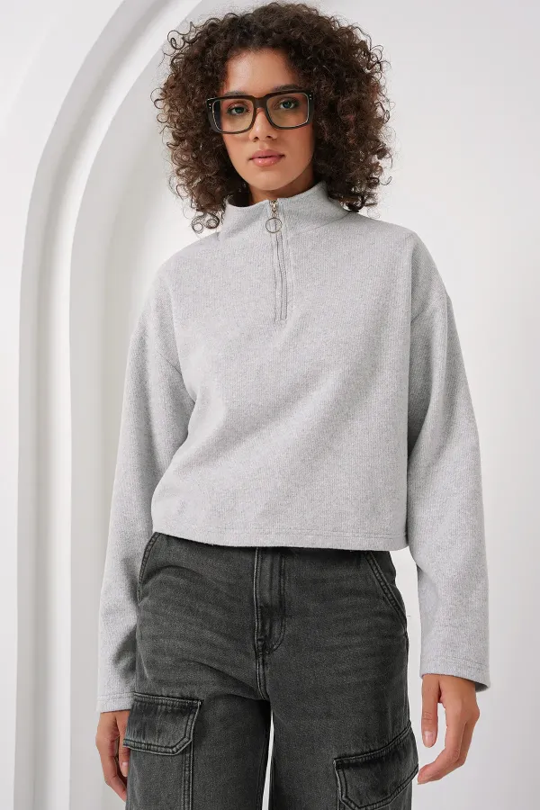 55449 Zip-Up Collar Knitted Sweatshirt - Grey